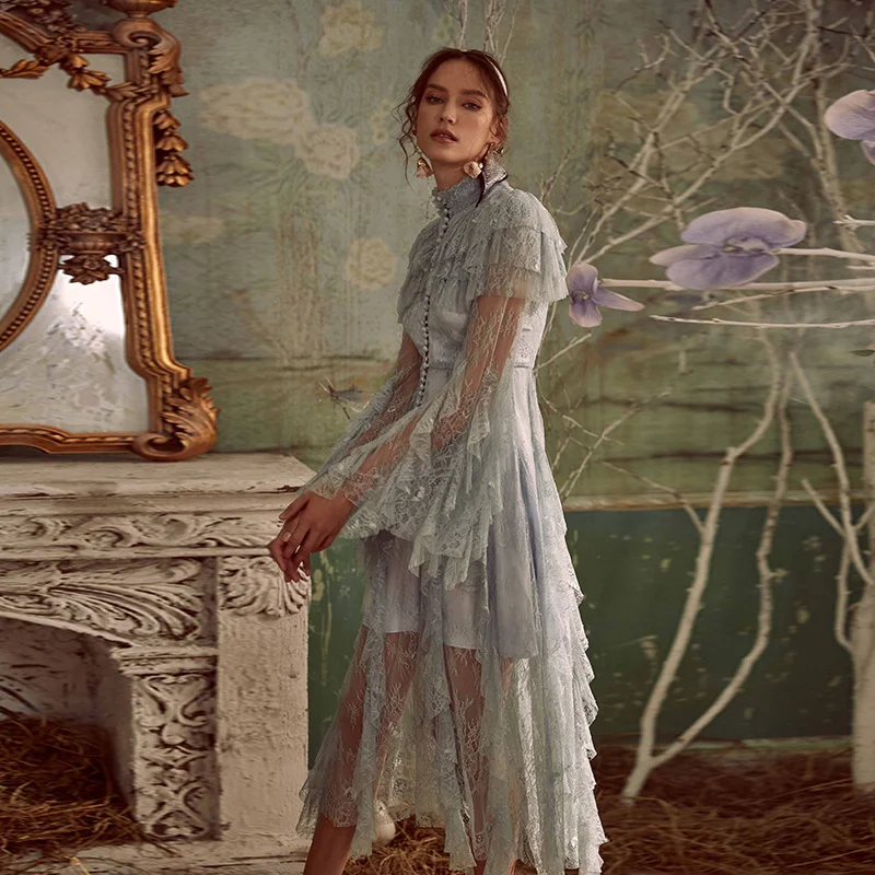 

High Quality Designer Runway Dress 2019 Elegant Irregular Layer Ruffles White/Blue Lace Long Dress For Women Spring Autumn