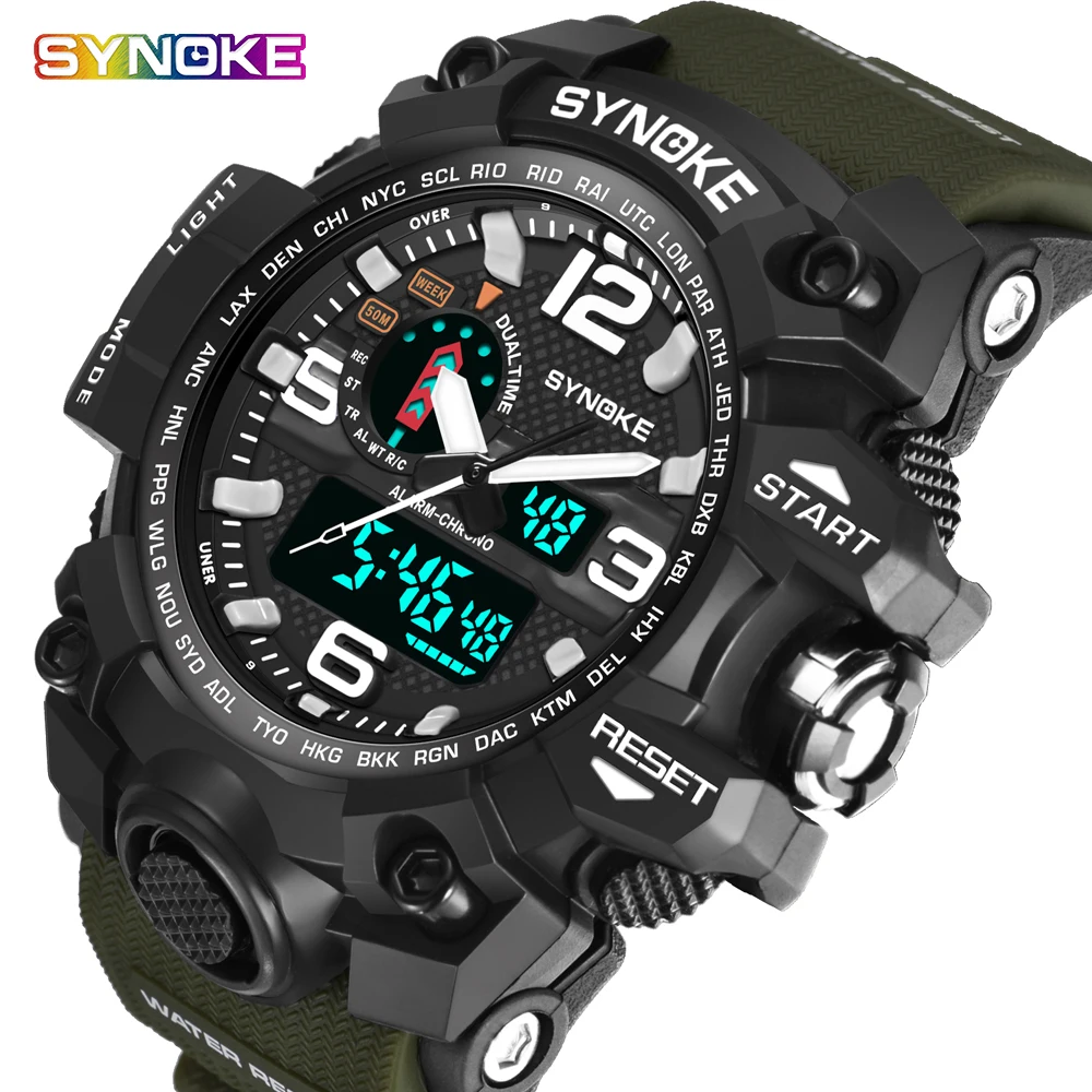 

Sports Watch Men LED Digital Double Action Alarm Date Watch Quartz Clock Dual Display Multi-Function 50M Waterproof Casual Watch