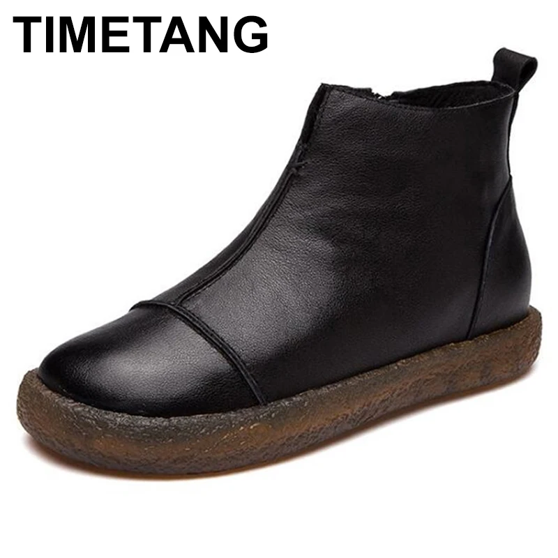 TIMETANG/новые женские ботинки с мехом; зимние кожаные ботинки ручной работы; обувь на плоской подошве; Разноцветные Женские ботинки из натуральной кожи; E768