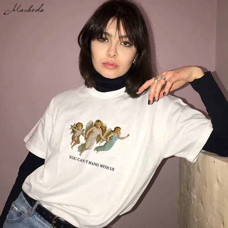 

Macheda T Shirt Women little Angel Print Tee Tops Short Sleeve O-Neck Ladies Daily T Shirts Loose Casual Top 2019 New Arrival