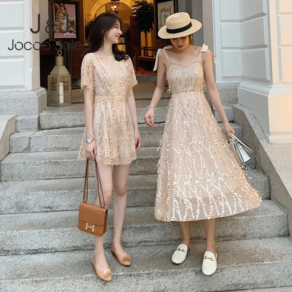 

Jocoo Jolee Women Sexy Sequined Midi Dress Sleeveless Bow Slim Long Dresses Summer Summer Sweet Shining Chiffon Mesh Dress
