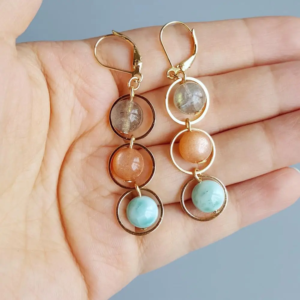 Lii Ji натуральный Лабрадорит Sunstone бусины из ларимара серьги 925 пробы Silver 18K
