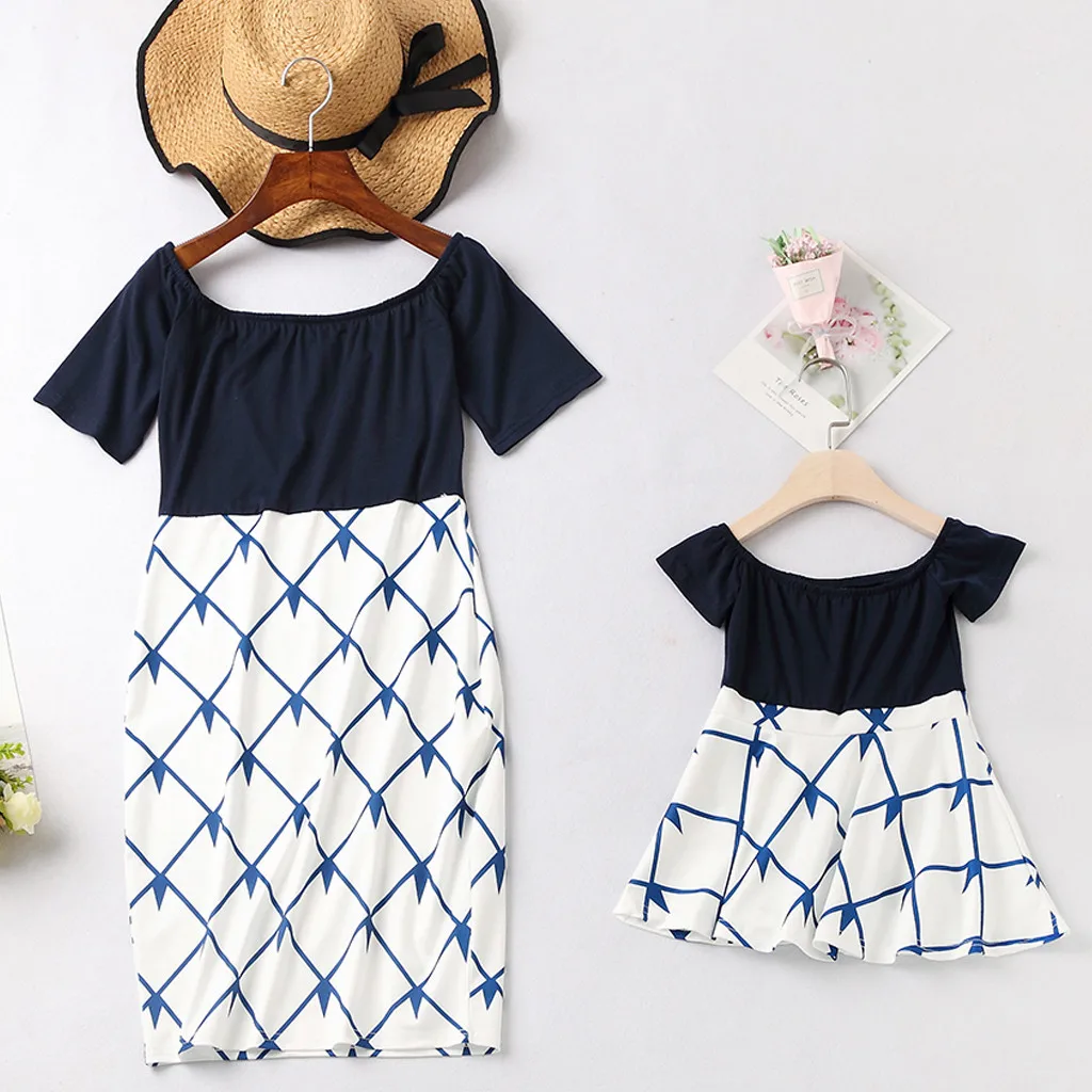 

mom of girls Women's Short Sleeve O-Neck Splicing Skirt family matching outfits mommy and me Clothes summer dress little sister