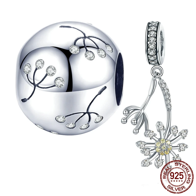 

25 Sterling Silver Dandelion Flower Round Beads Charms pendant fit Original Pandora women Bracelet DIY Charms Jewelry