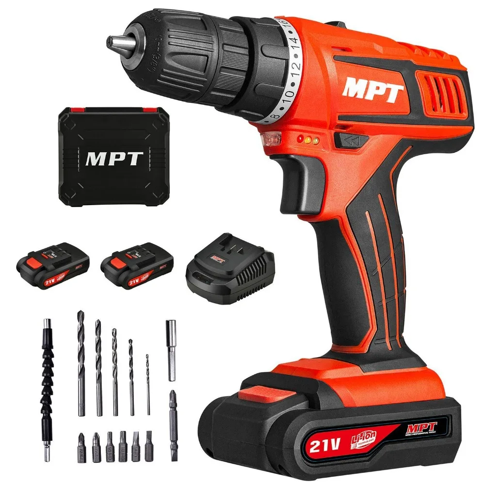 

MPT 21V Max 3/8 inch Compact Cordless electric Drill Driver Set with Two 1.5Ah Lithium-ion Batteries