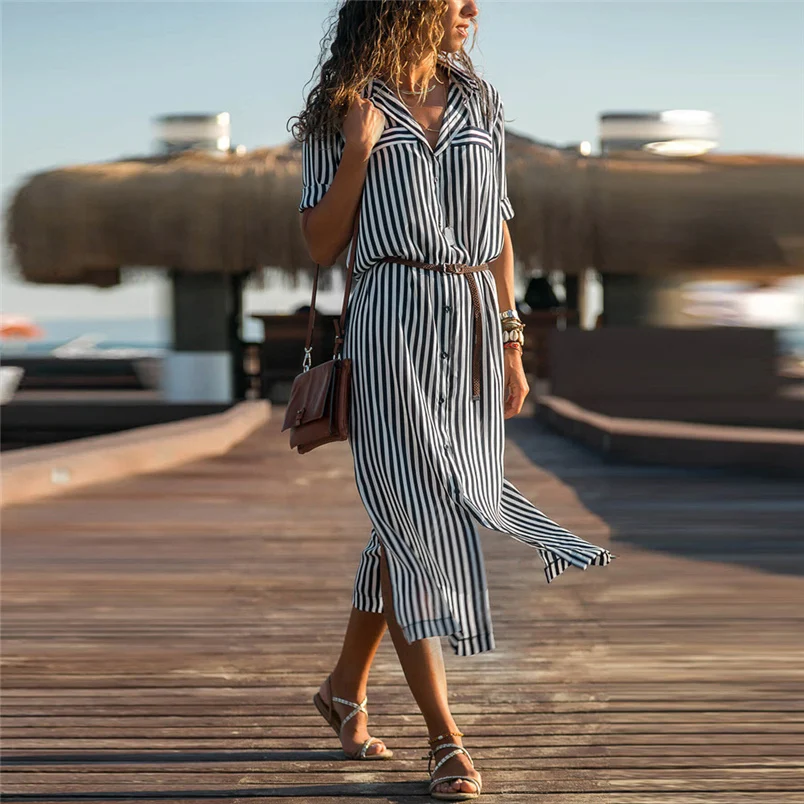 Women Autumn Dress Fashion Stripe Printed Long Sleeves Button Bandage Belt Shirt Long Dress Elegant Vestido Wholesale #K07 (7)