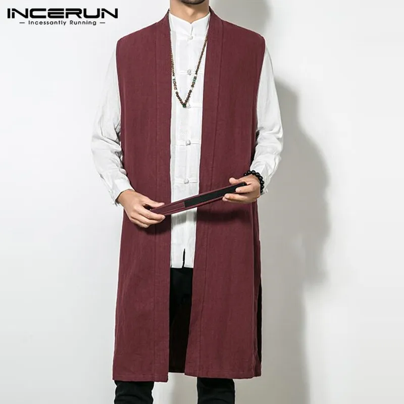 

INCERUN 2019 Chinese Style Men Vest Trench Sleeveless Cotton Long Waistcoat Vintage Baggy Casual Outerwear Men Plus Size 5XL