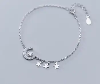 

Authentic REAL. 925 Sterling Silver Jewelry White zirconia star Crescent chain Bracelet GTLS845