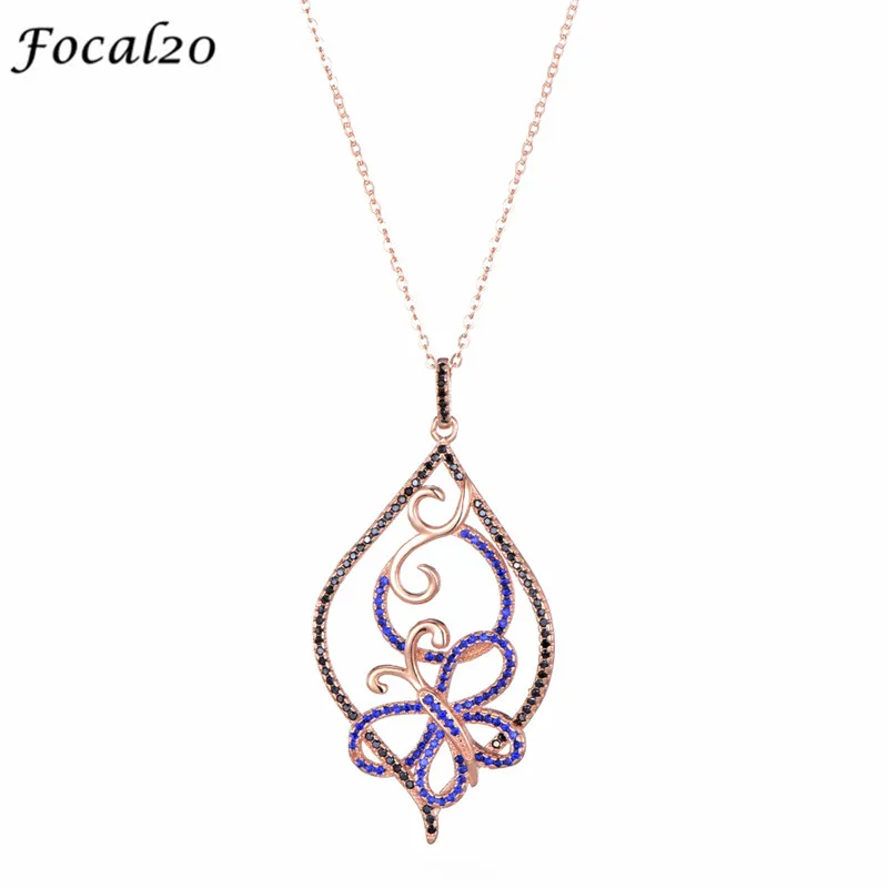 

Focal20 925 Sterling Silver Black Butterfly Women Pendant Necklace Hollow Rose Gold Color Female Necklace Fashion Jewelry Women