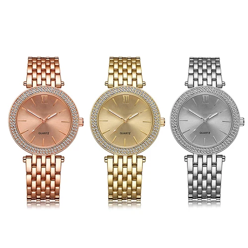 

Women Chic Rhinestone Roman Numeral Round Dial Stainless Steel Band Wrist Watch
