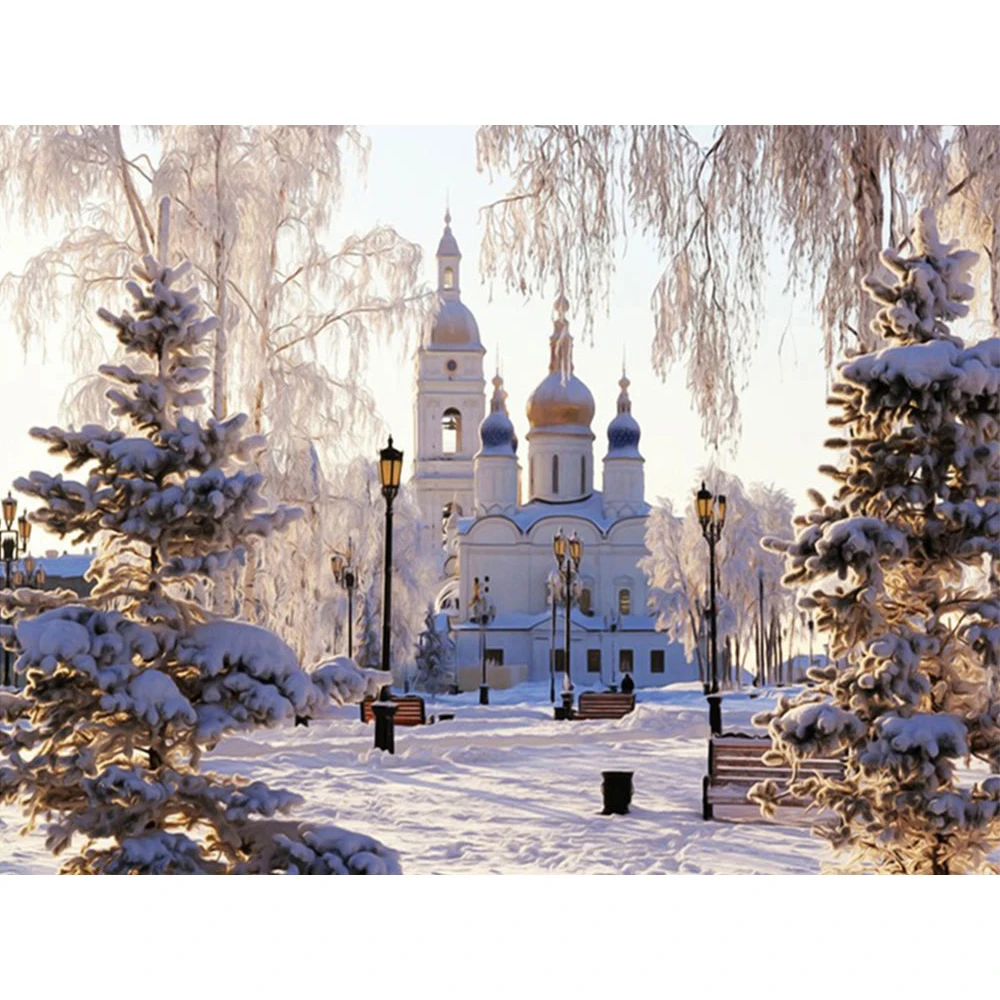 Алмазная вышивка Зимний снег пейзаж полный квадрат алмазная картина церковь