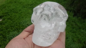 

AA Clear Quartz Natural Crystal Skull Carving ART Healing 494g+Rainbows