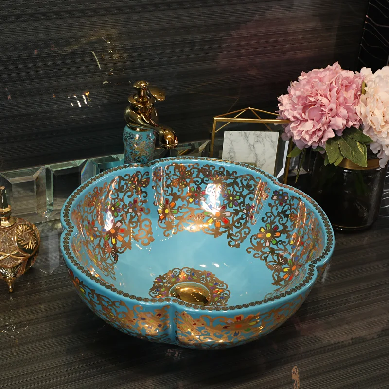 Blue flower Western antique chinese ceramic colored bathroom basin hand