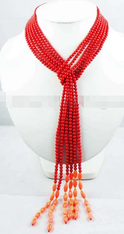 

Jewelr 006182 4mm Red Round & 6*5mm Orange Rice-shape Coral 3-strand 45" cappa necklace