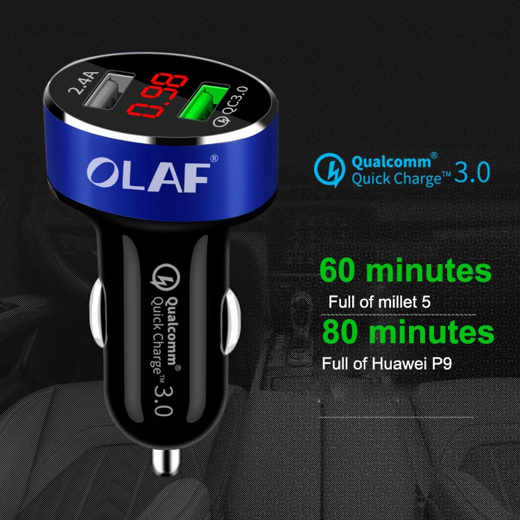 Автомобильное зарядное устройство Quick Charge 3,0 с цифровым дисплеем и двумя USB для iPhone, Xiaomi, samsung, быстрая зарядка, универсальное автомобильное зарядное устройство для мобильных телефонов