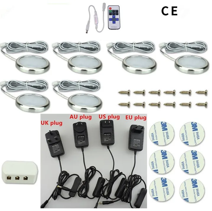 Подсветка, софиты для шкафа Светодиодные шайбы DC12V затемнения Кухня освещения с Беспроводной пульт дистанционного управления лампы шкафа лампы для витрины 3/4/6/8 шт