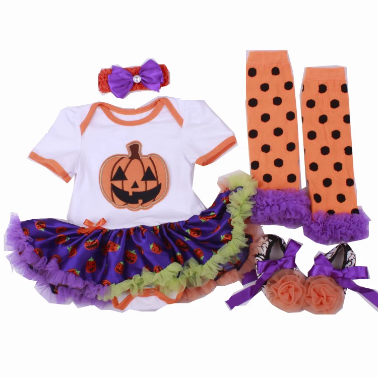 

Halloween Baby Girl Clothing Pumpkin Short Sleeve Romper Bebe Newborns Dress Infant Jumpsuit 4PCS/sets Outfit Babies Costumes