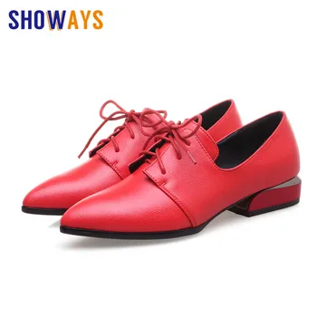 

2019 British Women Derbies Black PU Leather Pointed Toe Oxford Flats Casual Office Ladies Retro Red Lace Up Dress Brogues Shoes