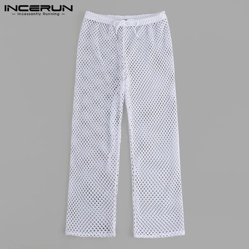 

INCERUN Summer Transparent Mesh Men Pants Drawstring Breathable Sexy See Through Trousers Men Loose Fashion Long Pants 2019 5XL