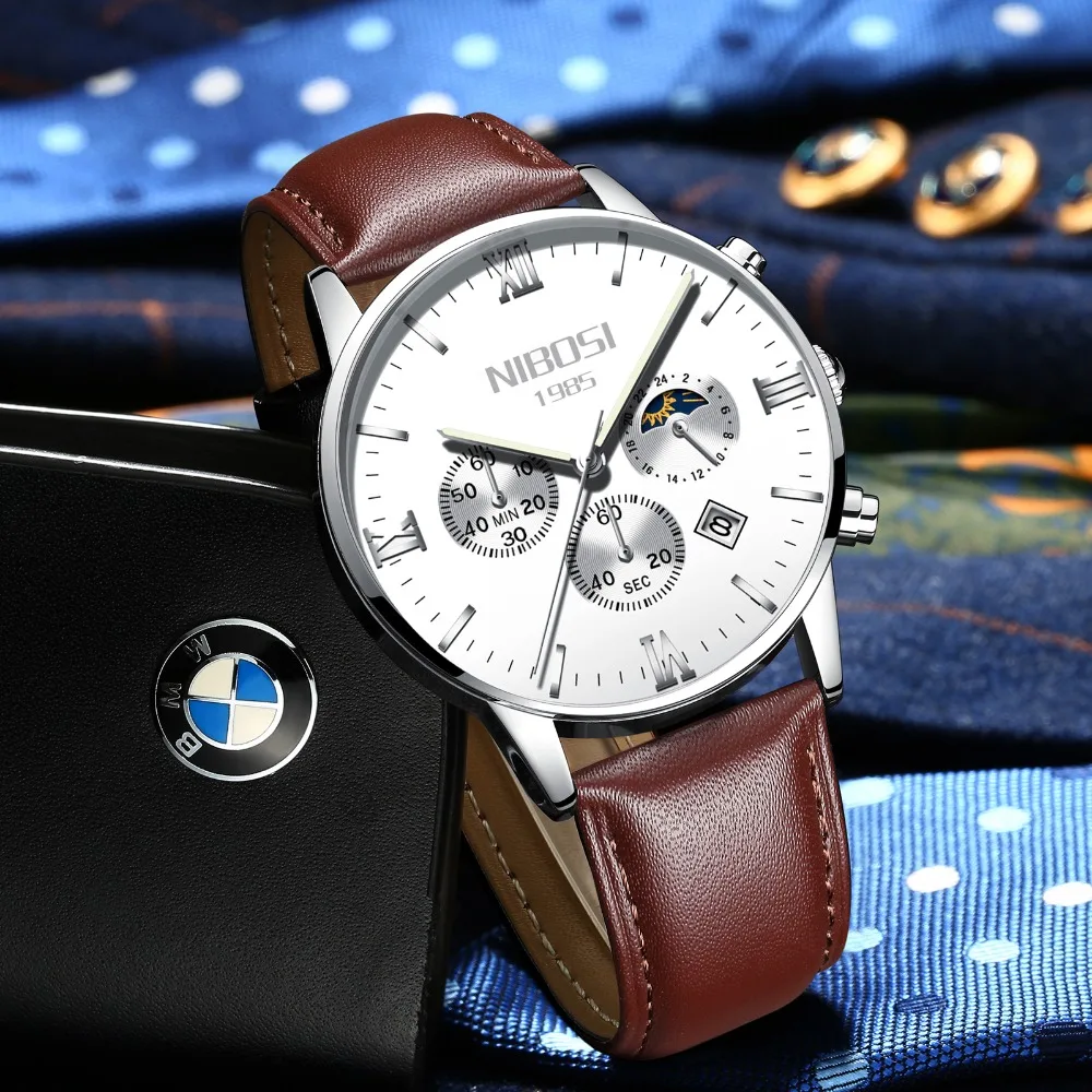 Montre Homme Marque De Luxe NIBOSI 2018 Men Watch Brand Luxury Leather Watch Men Waterproof With Moon Phase Blue Man Clock Saat  (3)