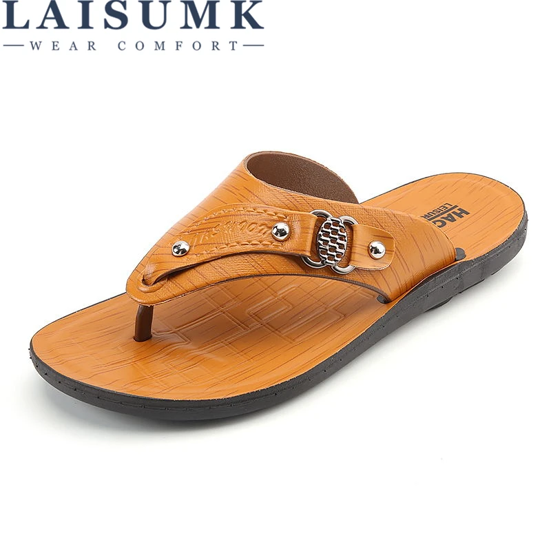 

LAISUMK Men Slippers 2019 Beach Shoes Flip Flop Summer Flat Slides Footwear Soft Sandal Shoes beach flip flops