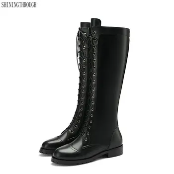 

100% cow leather Women Knee High Boots 3cm low Heels lace up Long western Boots Female New Sexy Winter Long Snow Boots