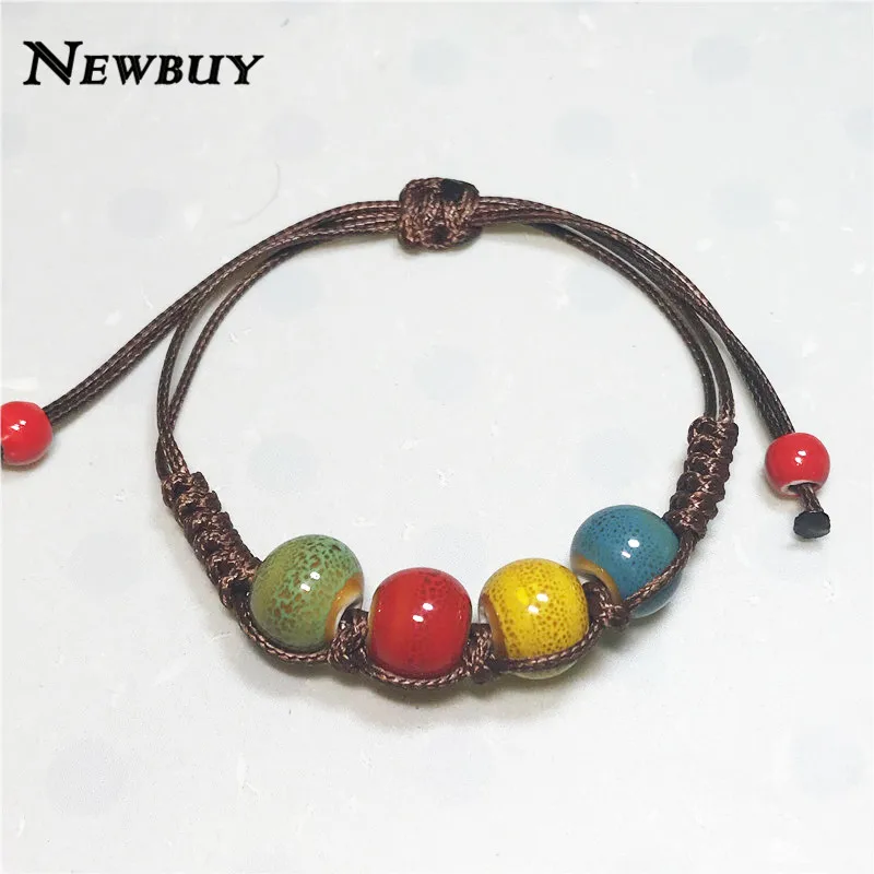 

NEWBUY Handmade Braided Brown Rope Bracelets Colourful Ceramic Beads Charm Bracelets Adjustable Women Gril Lucky Jewelry