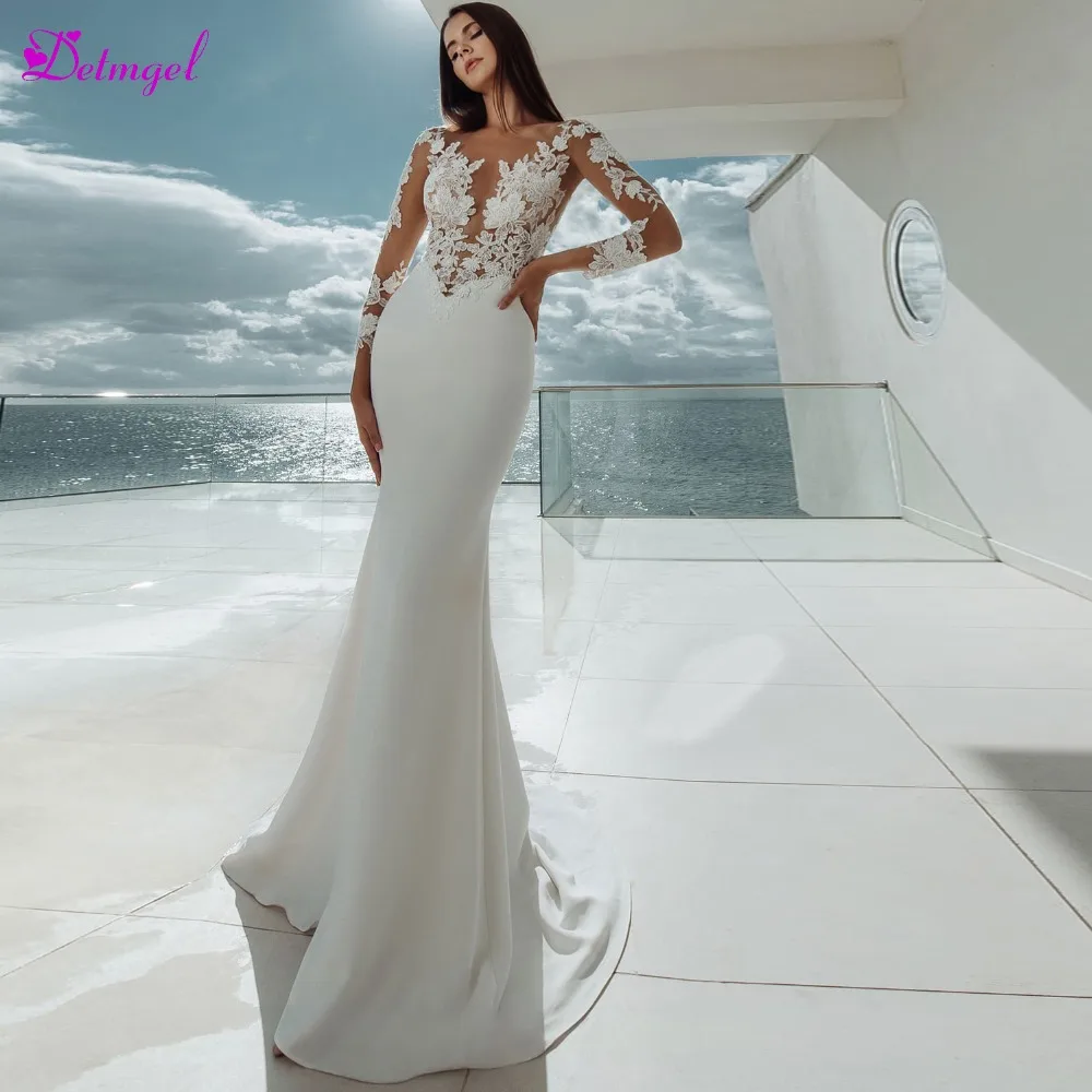 

Detmgel Sexy Scoop Neck Appliques Long Sleeve Mermaid Wedding Dress 2019 Luxury Beaded Satin Sweep Train Bridal Gowns Plus Size