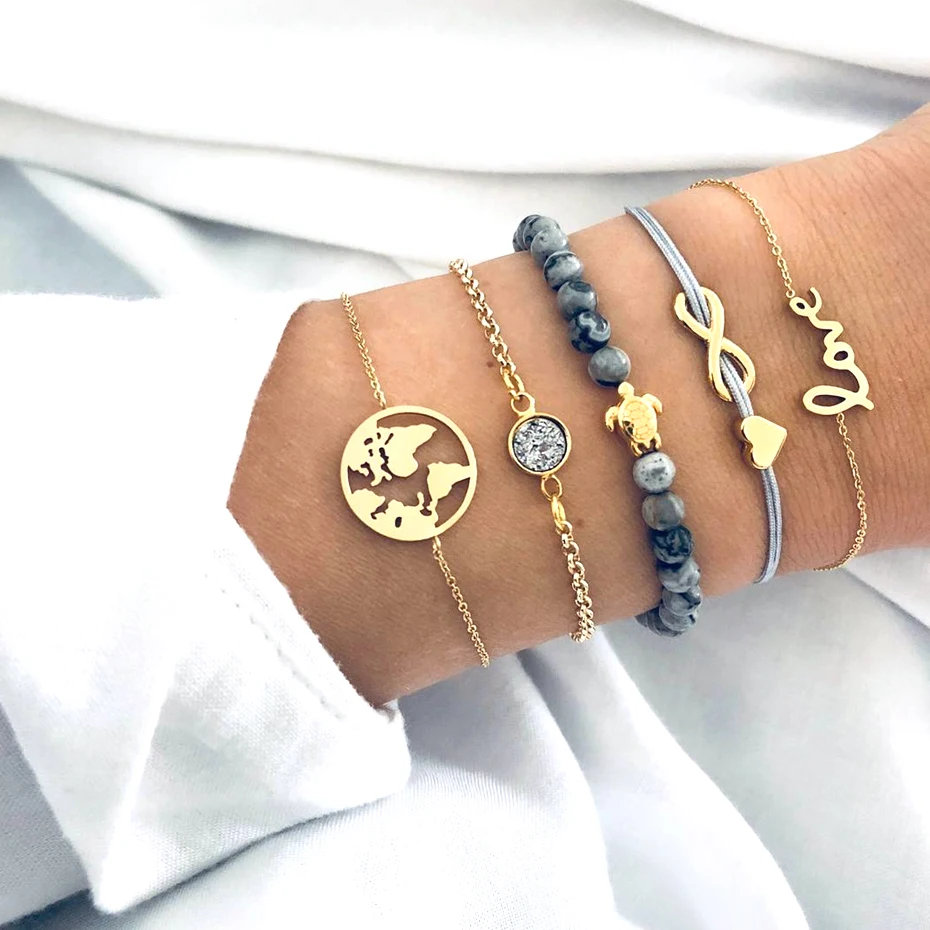 

EVERLEAD Letter Love Knot Round Beads Adjustable Opening Gold Bracelet Set Women infinity bracelet Charm Wedding Jewelry