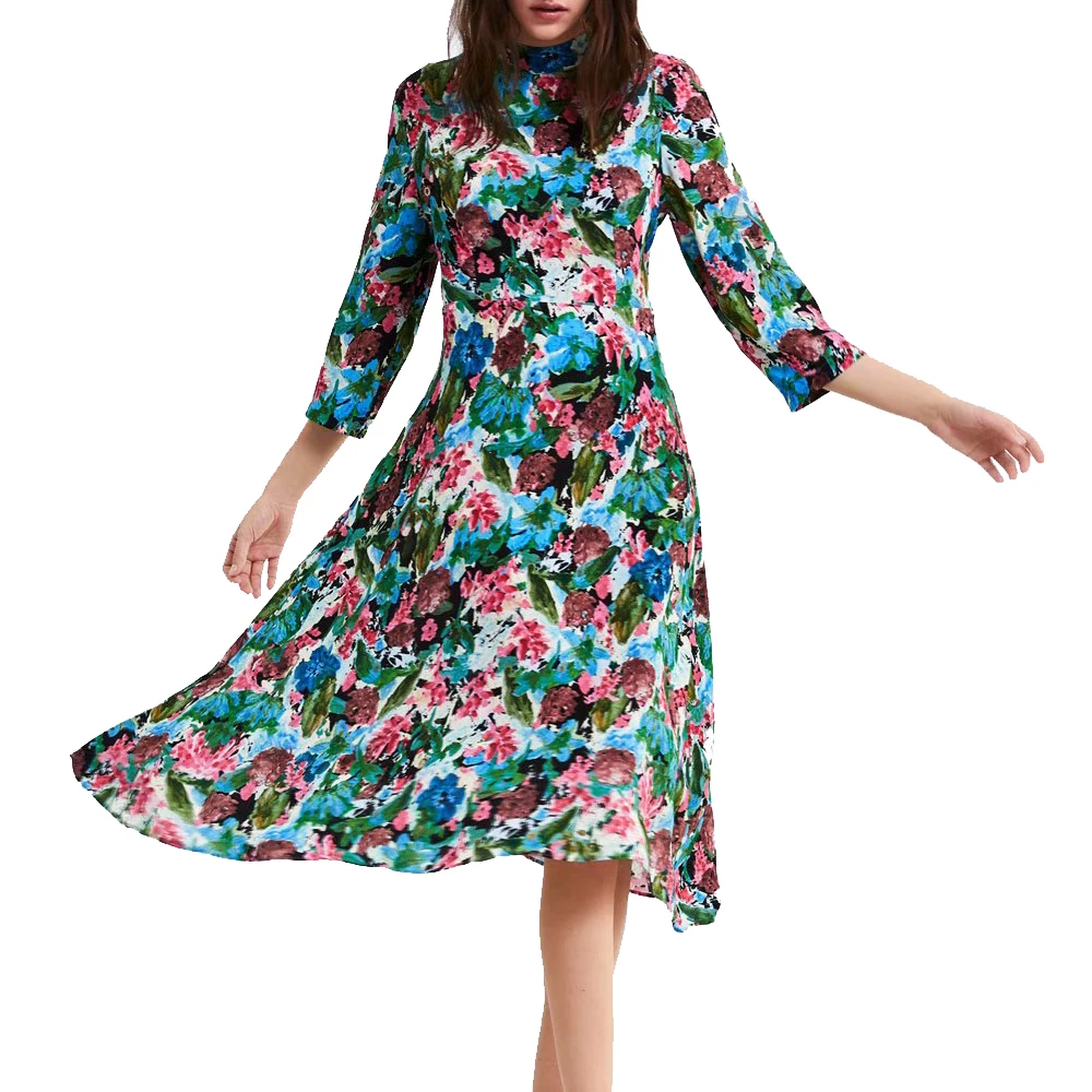 

2019 SPRING za Women foral PRINT stand neck open back dress za dresses vestidos Women Flowing dress with sleeve stidos
