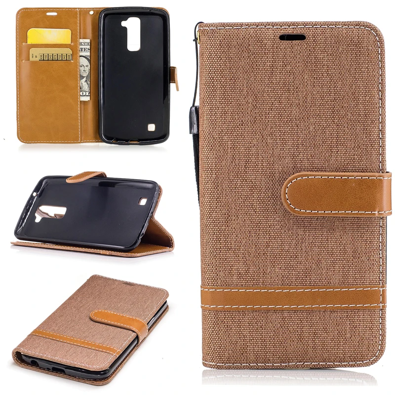 

New Contrast Color Cowboy Jean&PU Leather Cases for LG K10 Kickstand Flip Mobile Phone Cases with Wallet Card Holders & Lanyard