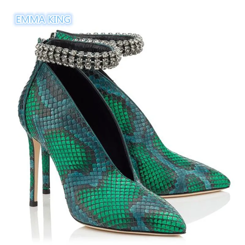 

Snake Prints Deep V Design Sexy Women Ankle Boots Pointed Toe Fashion boots Ankle Crystal Strap Back Zipper Thin High Heel Shoes