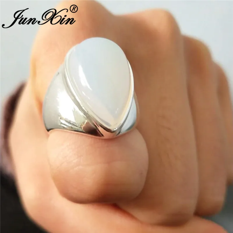JUNXIN Luxe Style Clear Moonstone Rings For Women Men 925 Silver Filled Big Teardrop White Opal Pear Ring Female Male Jewelry