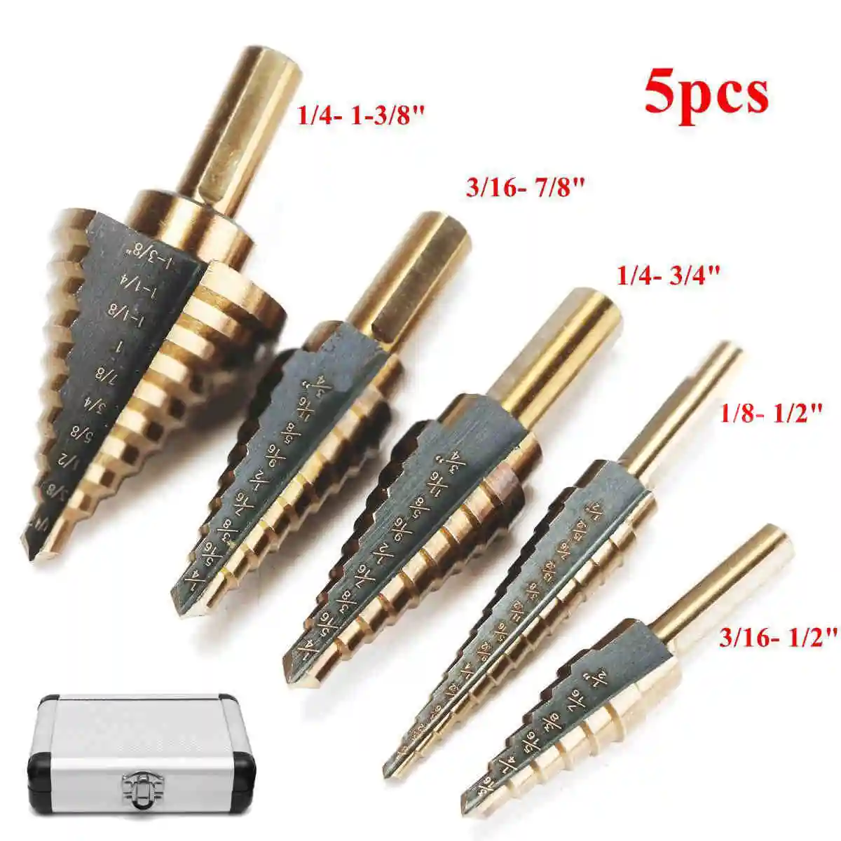 5pcs HSS Large Cobalt Hole Titanium Cone Step Drill Bit Cutter Set Tools w/ Case