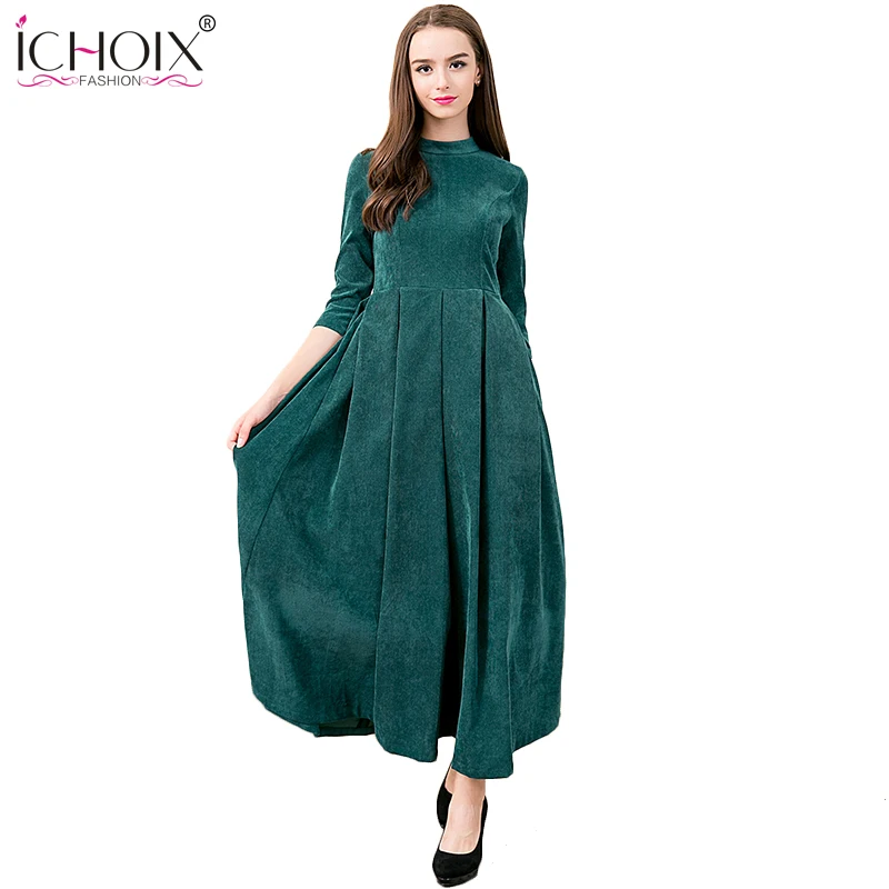 

2019 Autumn Winter Vintage Maxi Long Dresses Female Thicken Pleated Dress Bodycon Plus sizes Elegant Fashion Evening Party Dress