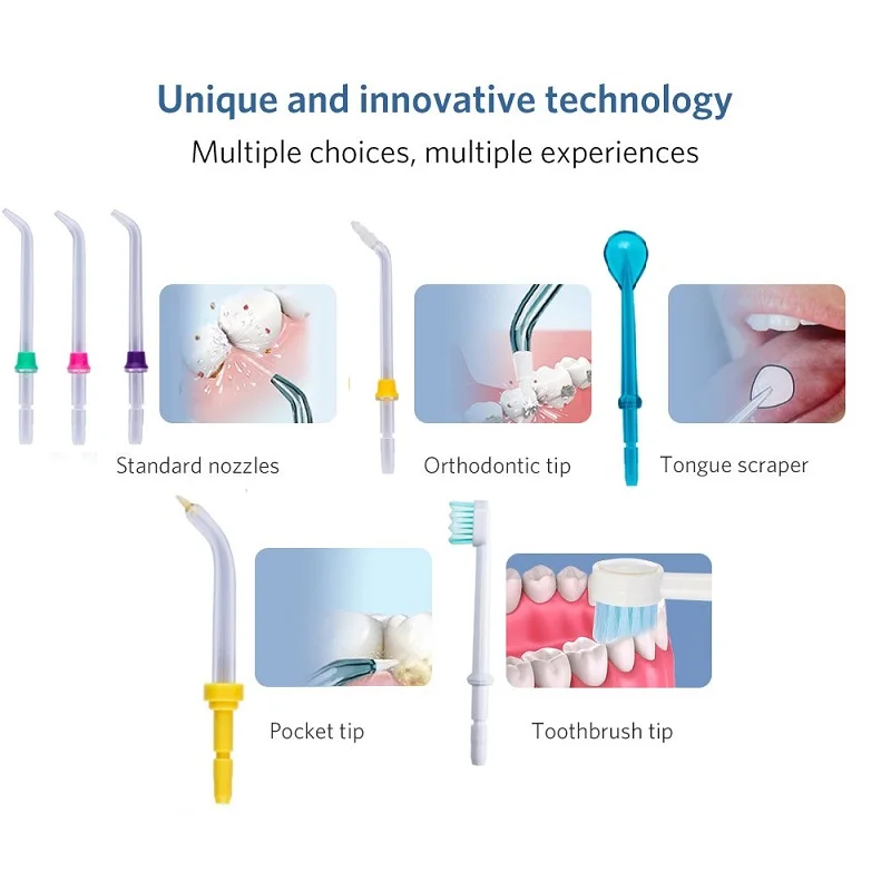 7 насадок для ирригатора полости рта Flosser, 3 стандартных насадки, 1 скребок для языка, 1 наконечник для зубной щетки, 1 ортодонтический наконечник