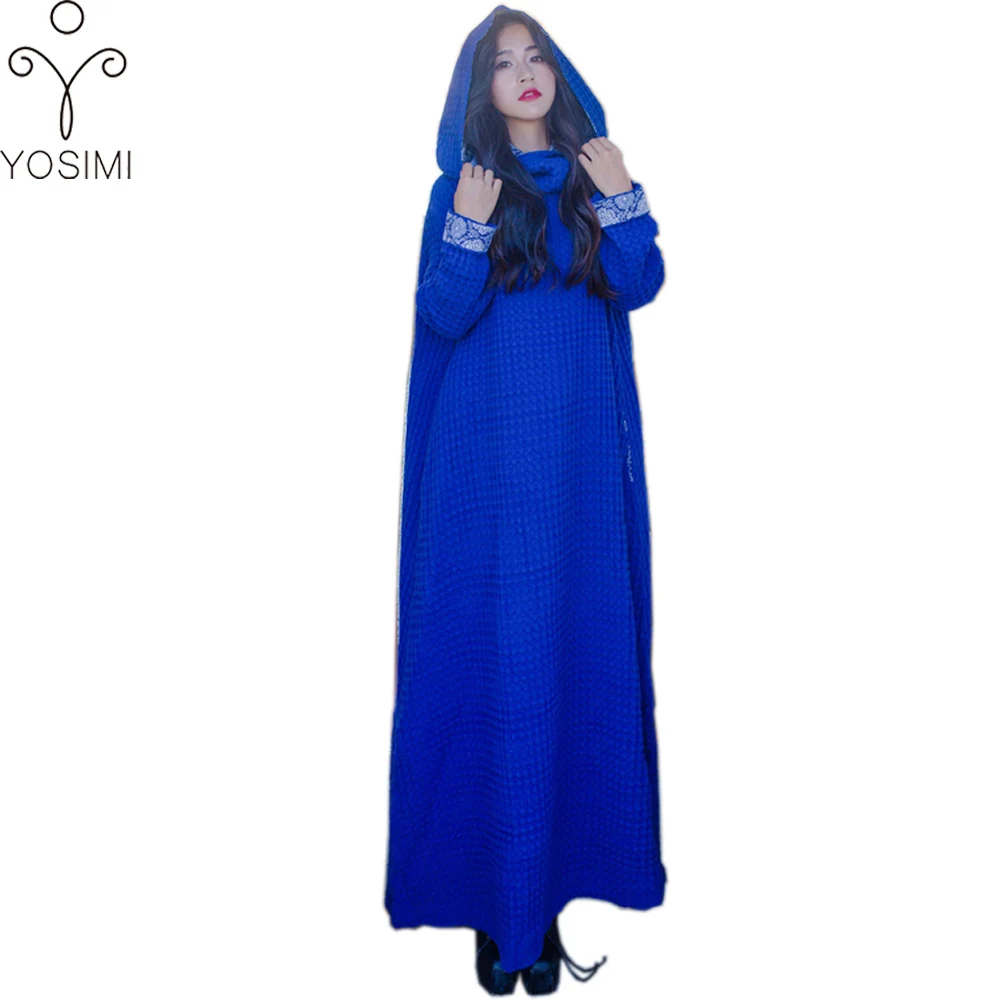 Yosimi 2017 Herfst Winter Maxi Lange Vrouwen Wollen Jas Kapmantel Merk Kleding Afdrukken Losse Jurk Hoge Kwaliteit Volledige Mouw blauw