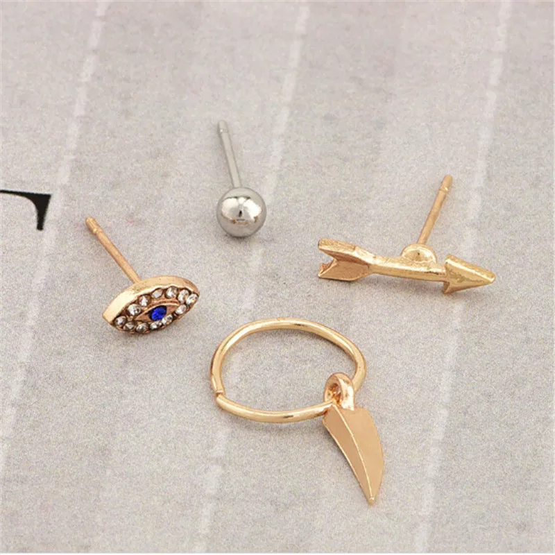 

4Pcs/set Women Punk Gold Color Crytal Blue Eye Arrow Stud Earring Set Jewelry Women Accessories Gift fo girl