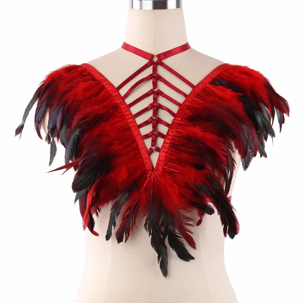 

Punk Gothic Feathers Epaulette Bralette Rave Wear Bondage Harness Tops Alluring Exotic Lingerie Nightclub Wear Bodysuit DO0603