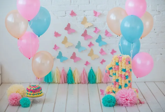 Laeacco Baby 1st Birthday Colorful Balloons Butterflies Cake Photo