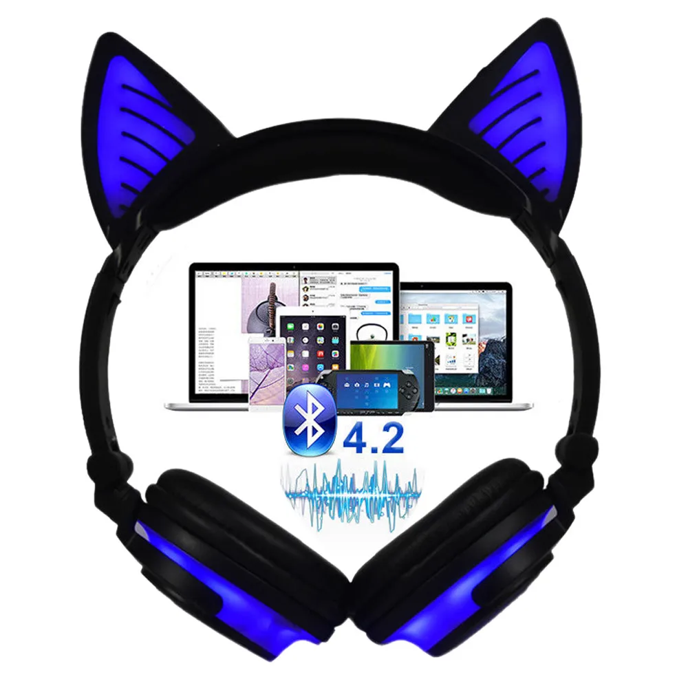 Беспроводные наушники с кошачьими ушками Bluetooth микрофон мигающая светящаяся