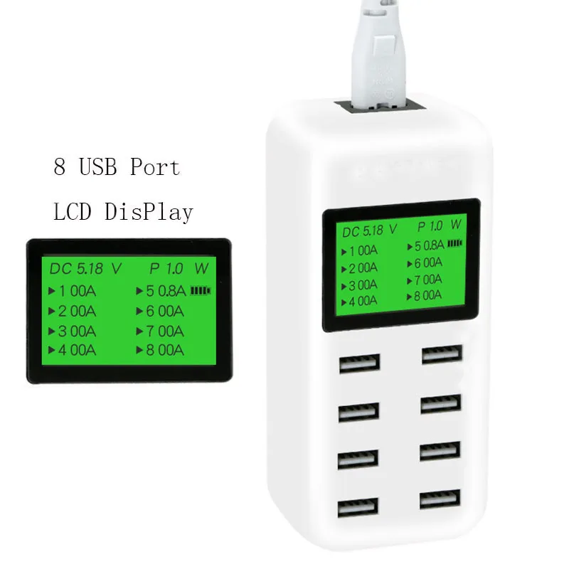 8 Port Smart USB Charger Hub with LCD 40W Multi-Port USB Charging Station Wall Travel Charger for (3) - 