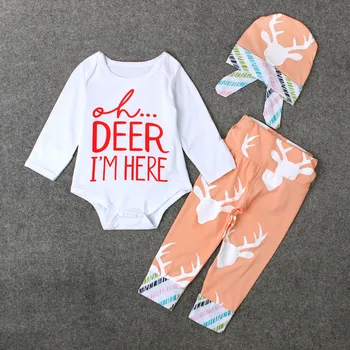 

2020 New Fashion Baby boys girl Clothes Newborn oh DEER Printed Bodysuits+Pants+Hat Toddler Baby Girls 3PCS Clothing Sets