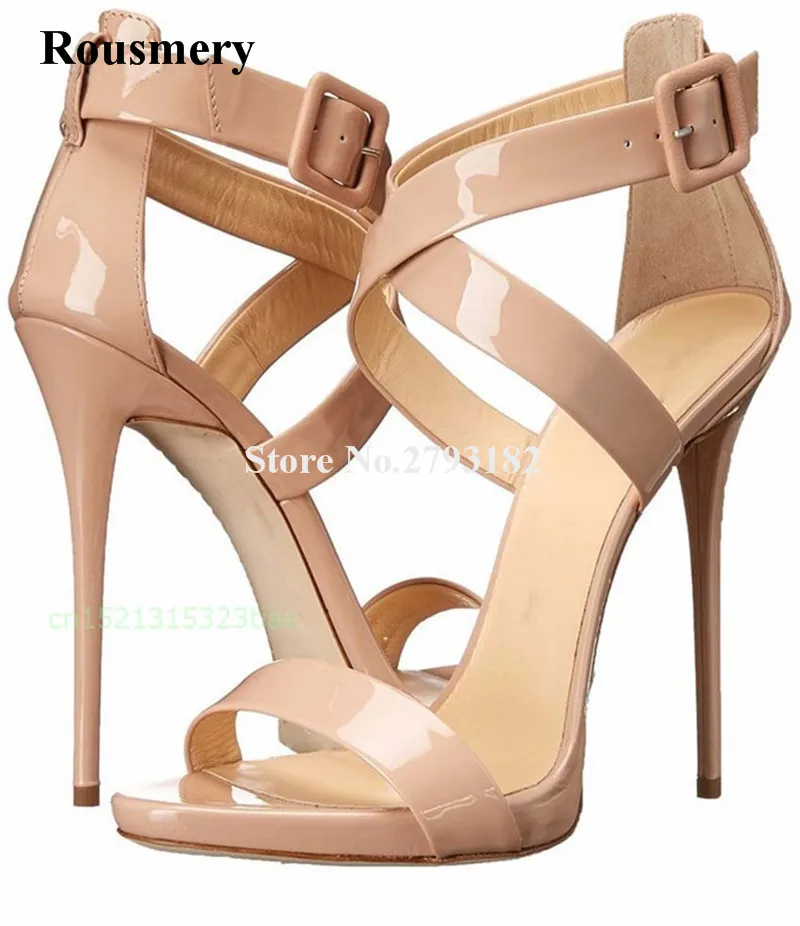 Women Sexy Open Toe Nude Patent Leather Strap Cross Gladiator Sandals Super Thin Heel Ankle 