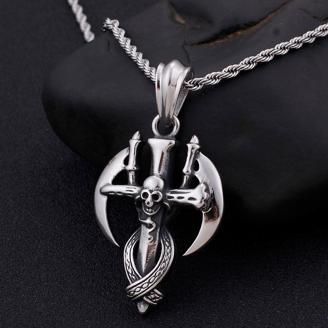 STAINLESS STEEL SICKLE SKULL NECKLACE