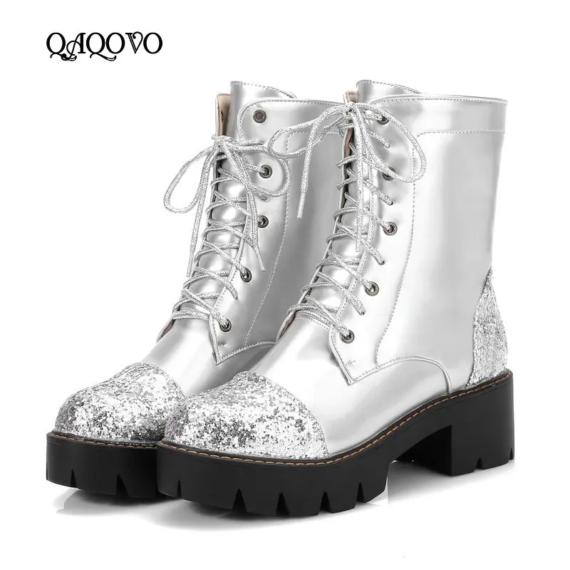 

Women Shoes Lacing Ankle Boots Fashion Sequined Pu Platform Boots Thick Low Heels Booties Autumn Winter Shoes Black Pink Silver