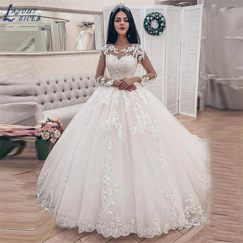 LAYOUT NICEB Illusion Long Sleeves Ball Gown Wedding Dress 2020 Bridal Gown Lace Appliques vestido De Noiva Train robe de mariee bridal gowns