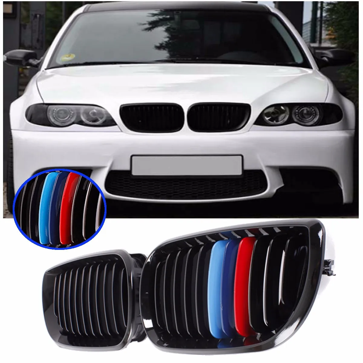 Pair Front Gloss Black M color Kidney Grille Grill For BMW E46 4D 3 Series 2002 2003 2004 2005
