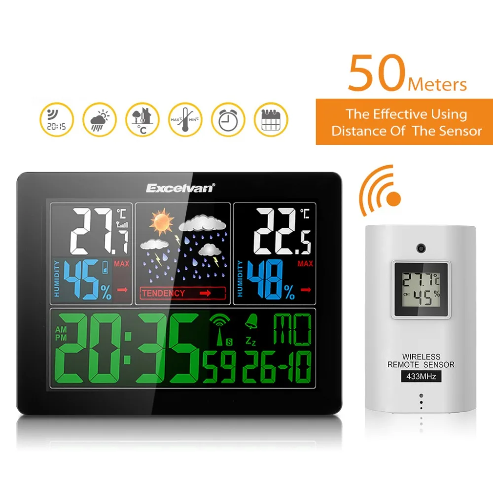 

EXCELVAN Professional Color Wireless Weather Station with Forecast Temperature Humidity Remote Sensor Radio Controlled Clock