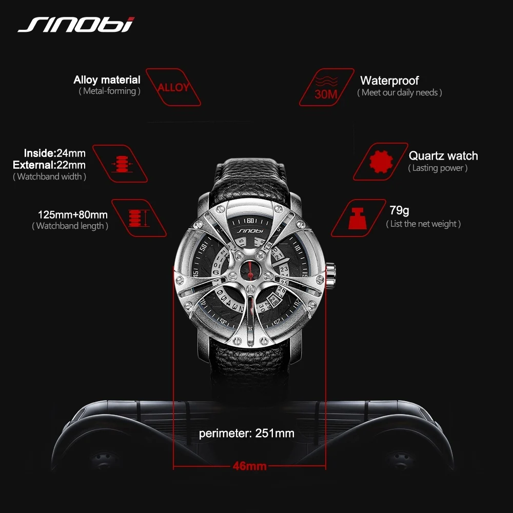 SINOBI Men Watch S Shock Military Watch Men Leather Straps Racing Wheel Sports Quartz Watches Top Brand Luxury relogio masculino